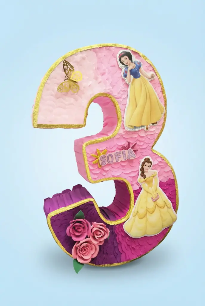 Zahlenpiñata 3 mit Prinzessinnenmotiv für Kindergeburtstag in Wien